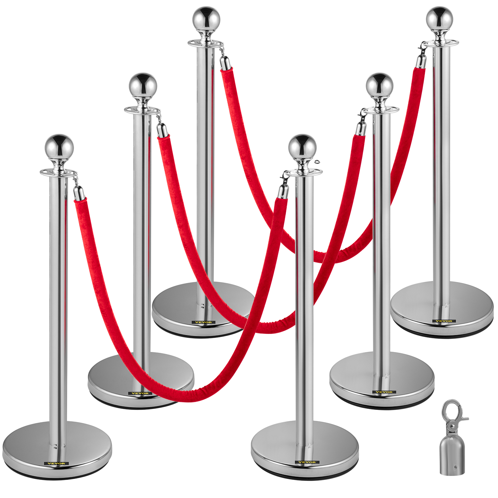 Crowd control stanchion,4 Red Velvet Ropes,6Pcs Gold