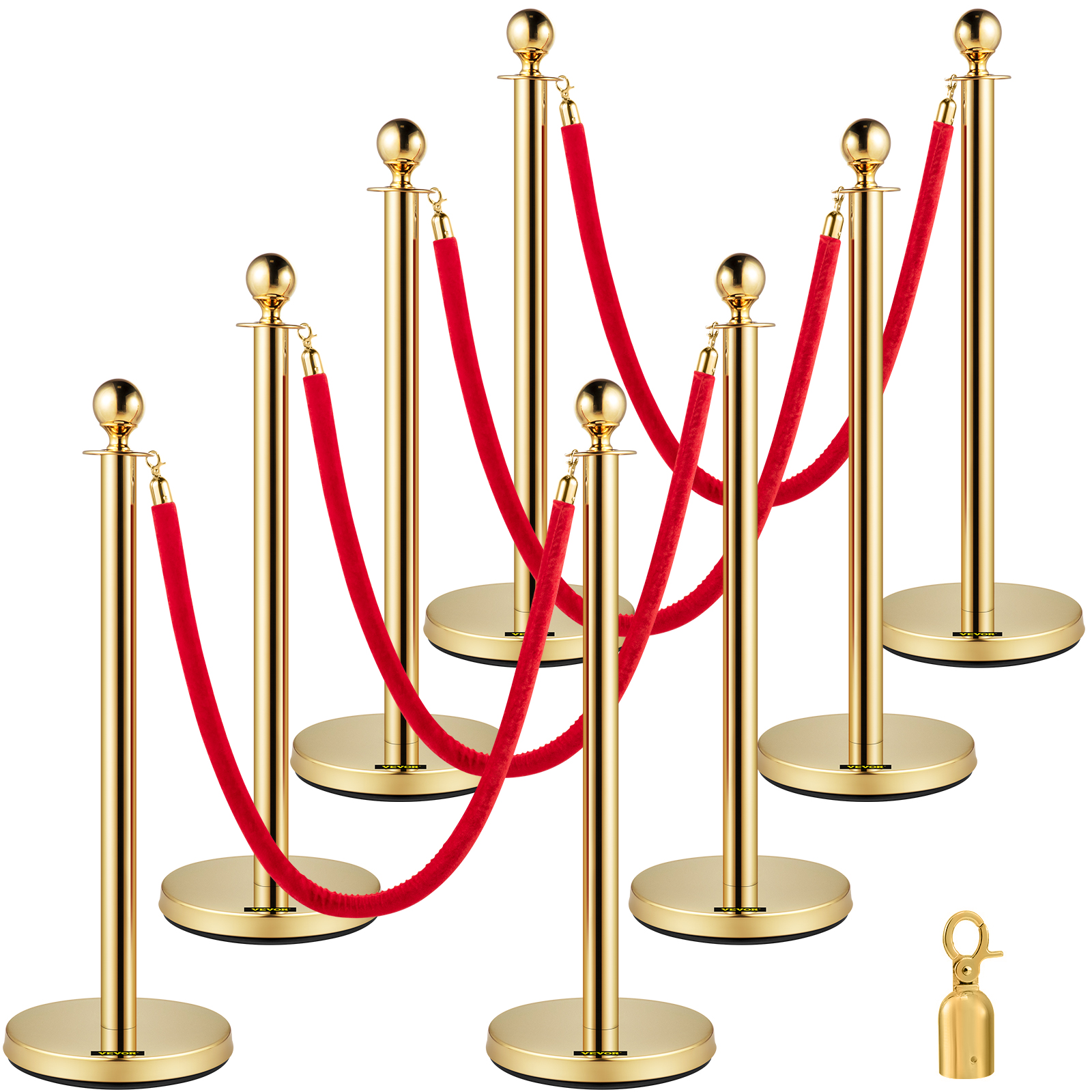 Crowd control stanchion,4 Red Velvet Ropes,6Pcs Gold