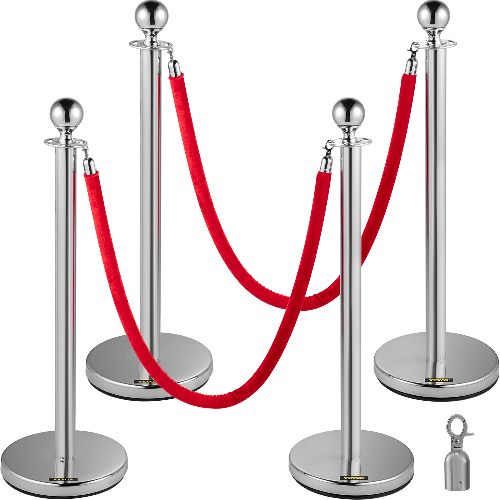 Crowd control stanchion,4 Red Velvet Ropes,6Pcs Gold