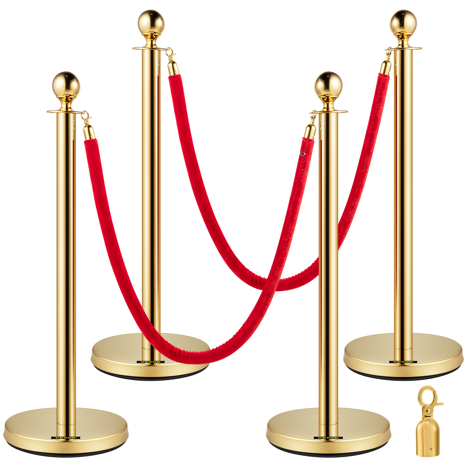 Crowd control stanchion,4 Red Velvet Ropes,6Pcs Gold
