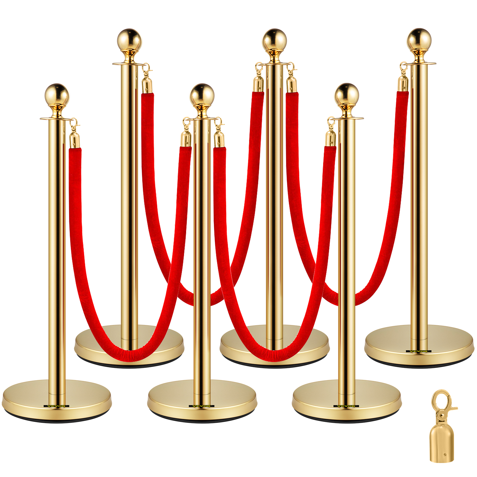 Crowd control stanchion,4 Red Velvet Ropes,6Pcs Gold
