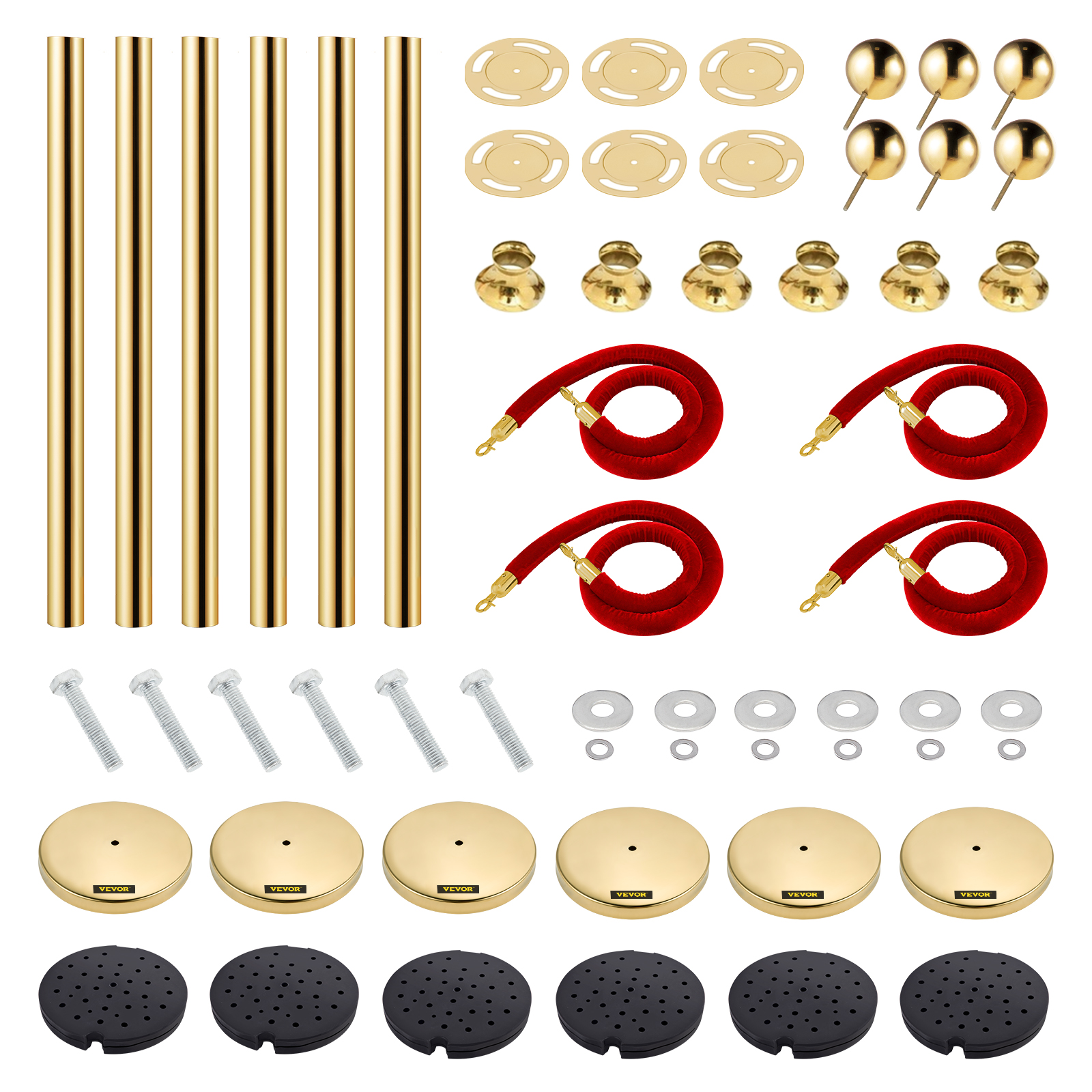 Crowd control stanchion,4 Red Velvet Ropes,6Pcs Gold