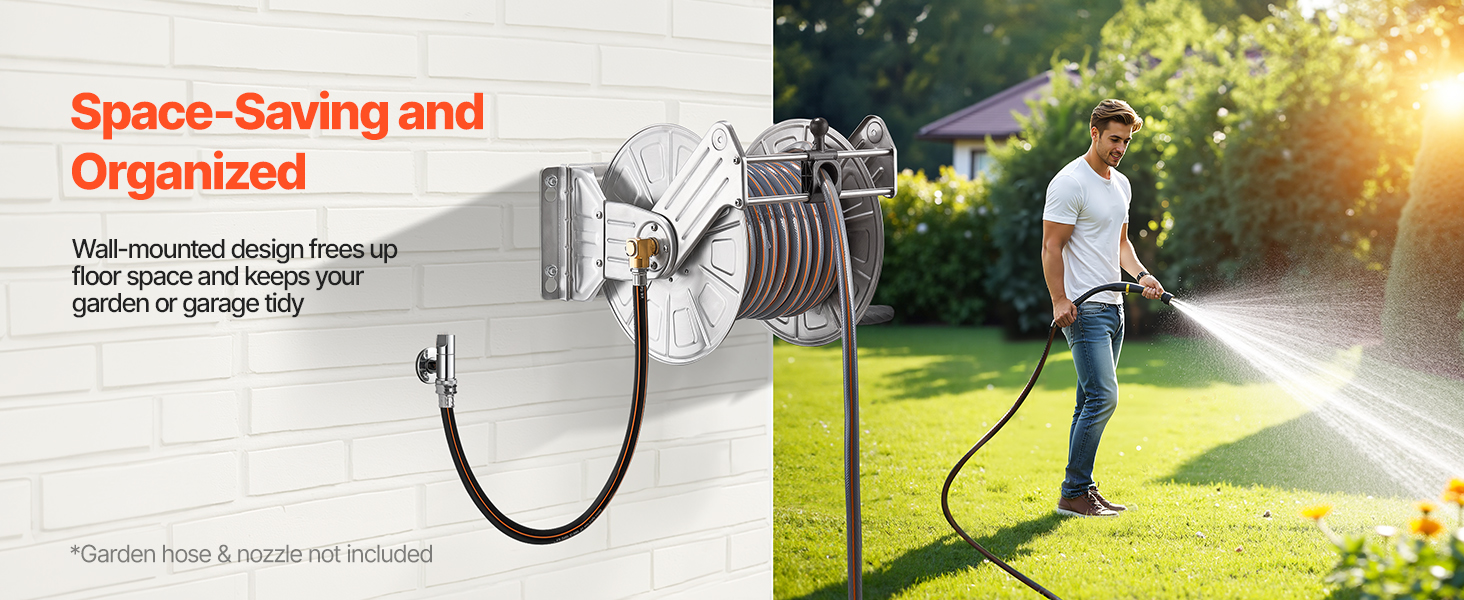 Wall Mounted Garden Hose Reel 200ft 5/8 In Hose Winder 5ft Leader Hose P 010337164228