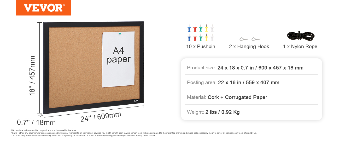 VEVOR 24x18 Inch Cork Bulletin Board – Double-Sided, With MDF Frame, 10 Pushpins & Hanging Hooks – Vision Board For Office, Home Or School
