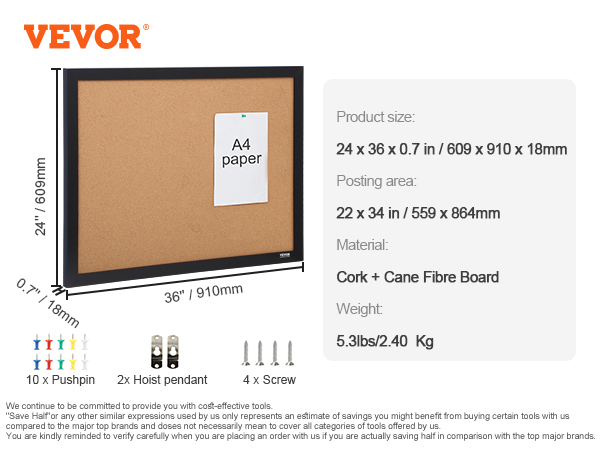 VEVOR Cork Board, 36x24 inches Bulletin Board with MDF Sticker Frame ...