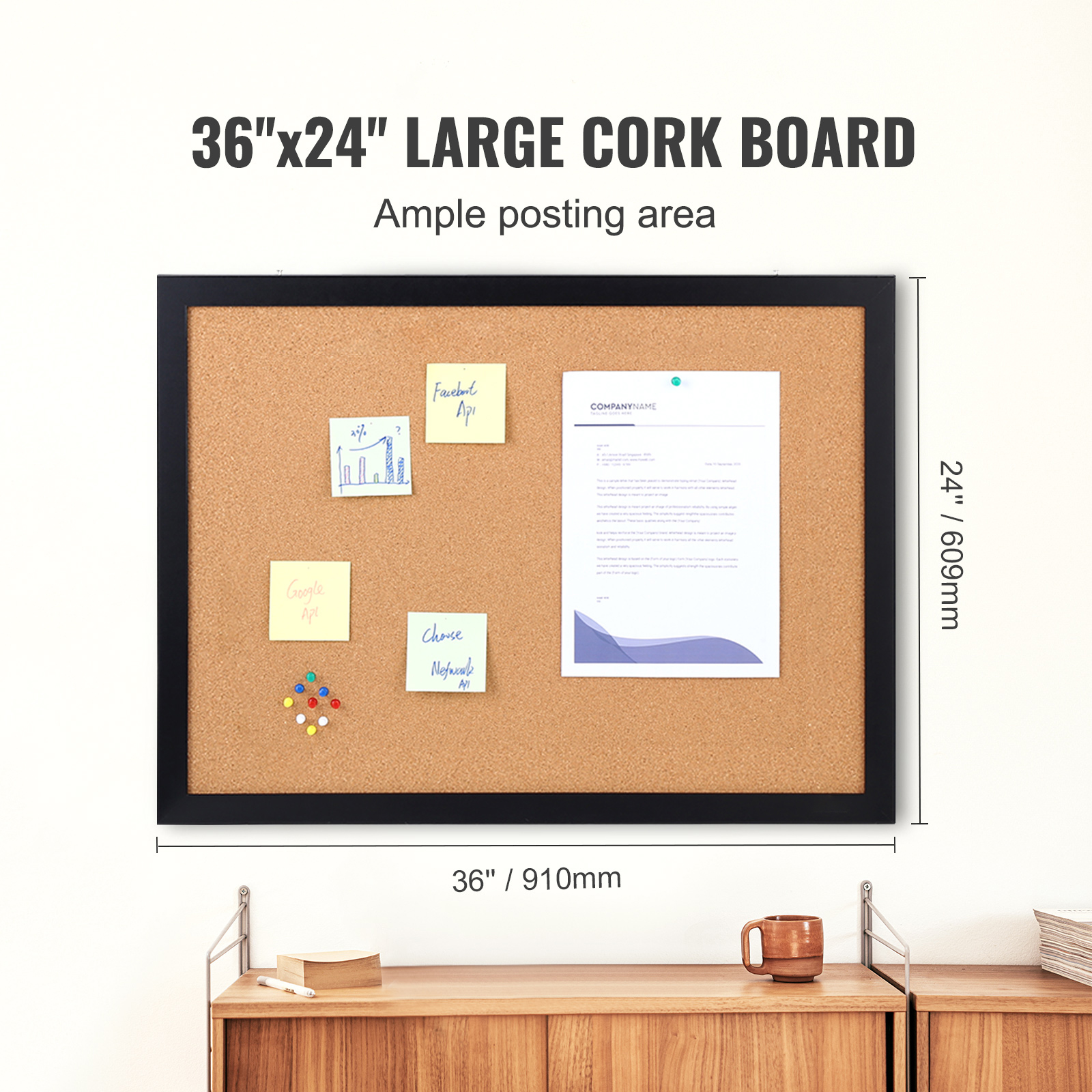 VEVOR Cork Board Bulletin Board 24x18 / 36x24 in MDF Sticker Frame Wall Mounted - Picture 17 of 26