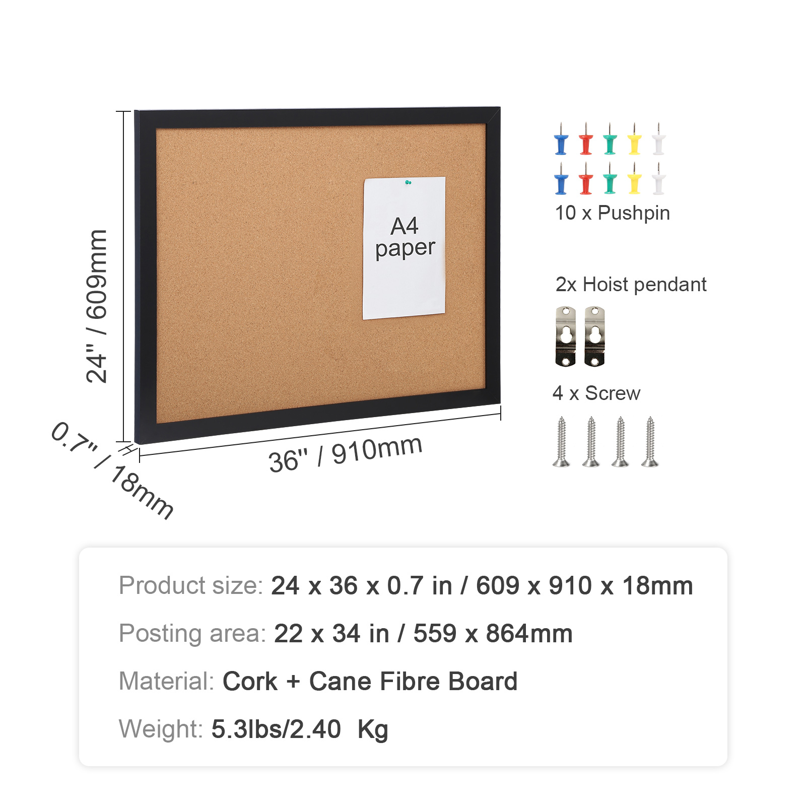 VEVOR Cork Board Bulletin Board 24x18 / 36x24 in MDF Sticker Frame Wall Mounted - Picture 21 of 26