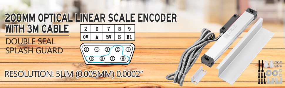 VEVOR 1 Axis Lathe Linear Scale 200mm with Accuracy 0.0002" Optical Length Precision Linear Scale Aluminum Body for Mill Milling Lathe Machine with Accessories (200mm(8"))