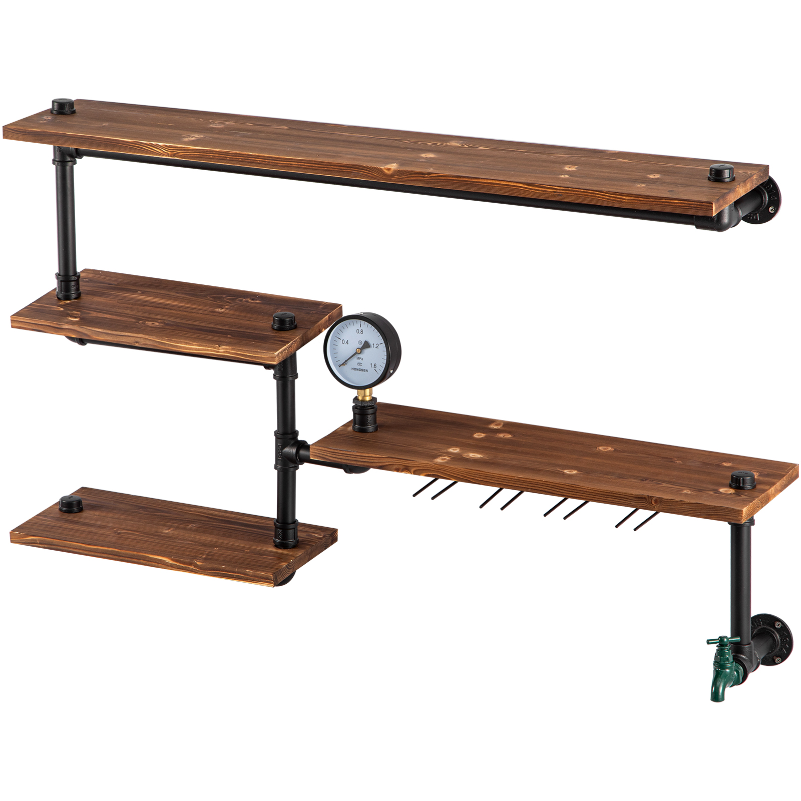 Oukaning Pipe Shelf Industrial Bracket Rustic Iron Pipe Free Standing 4 Tier Wood Rack, Size: One Size