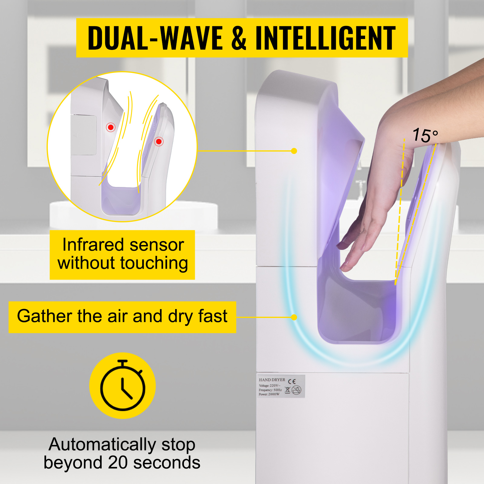 VEVOR Jet Hand Dryer Blade Hand Dryer Automatic High Speed for Washroom
