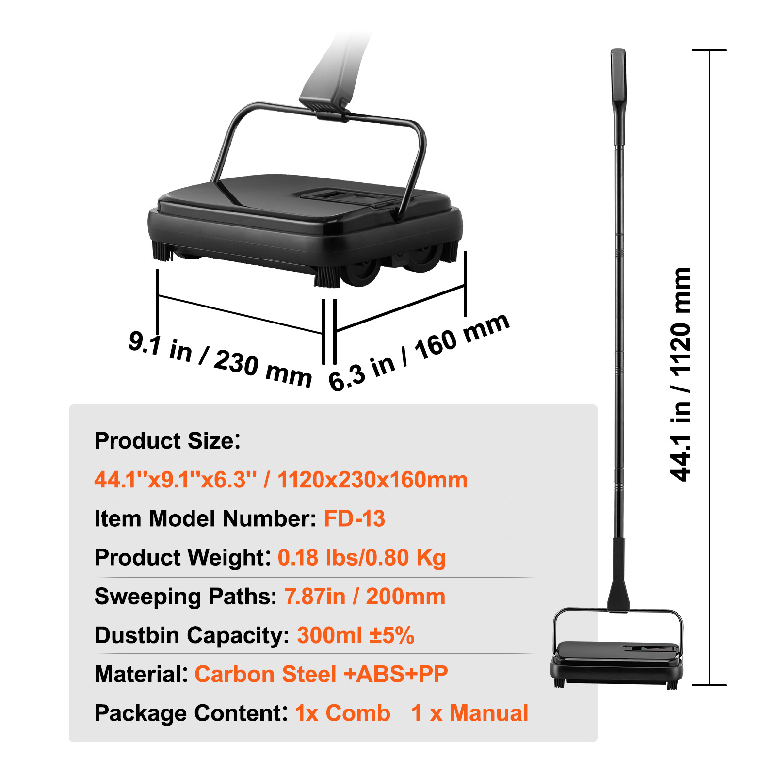 Carpet Floor Sweeper Manual 6.7/7.87 inch Width Sweeping Paths Non Electric