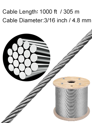 VEVOR Stainless Steel Cable 3/16x 1000ft, T316 Marine Grade Deck Cable  Railing, 1x19 Strands Construction Braided Aircraft Cable for Deck Rail  String Lights Hanging Porch Fence DIY Baluster