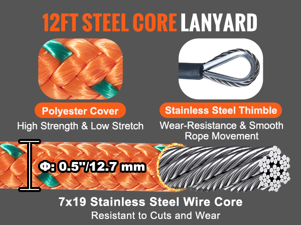 VEVOR Steel Core flipline, 1/2 x 12' Arborist Flipline, Flip Line