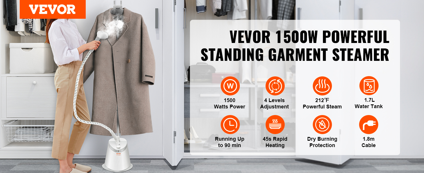 VEVOR Standing Steamer with Foldable Garment Hanger, 0.5Gallon Water Tank  for 90 Minutes Continuous Steaming, Heats in 45 Seconds & Auto-Stop with
