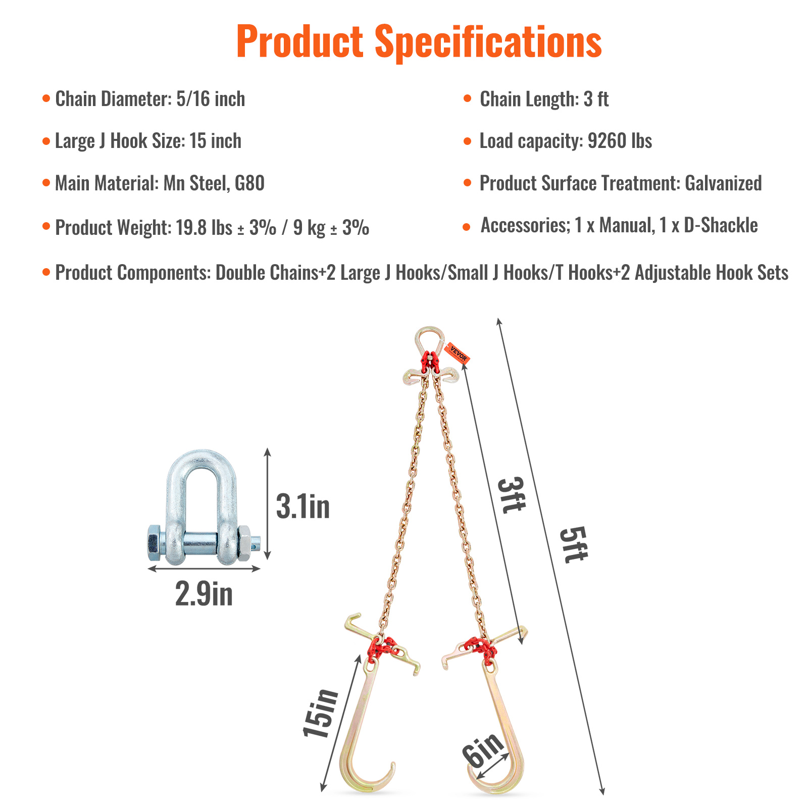 VEVOR Tow Chain J Hook 5/16"×2'/3'/10' V-Chain Bridle w/ 15" Large R T J Hooks - Picture 45 of 50