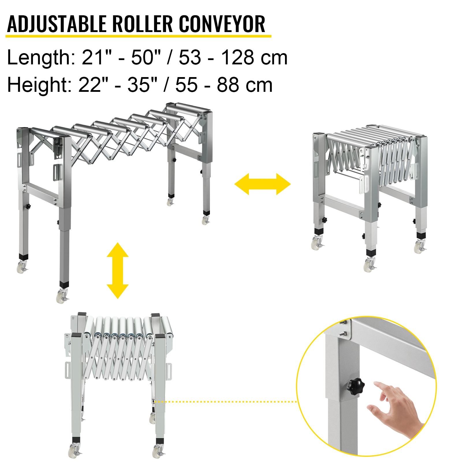 VEVOR Gravity Conveyor Roller 110 lbs Load Capacity Roller Conveyor 24-38 Height Roller Stand 1-3/4 ft Length 1-3/4 ft Width w/ 1.7 Galvanized Steel Rollers for Warehouses Assembly Areas Factories 