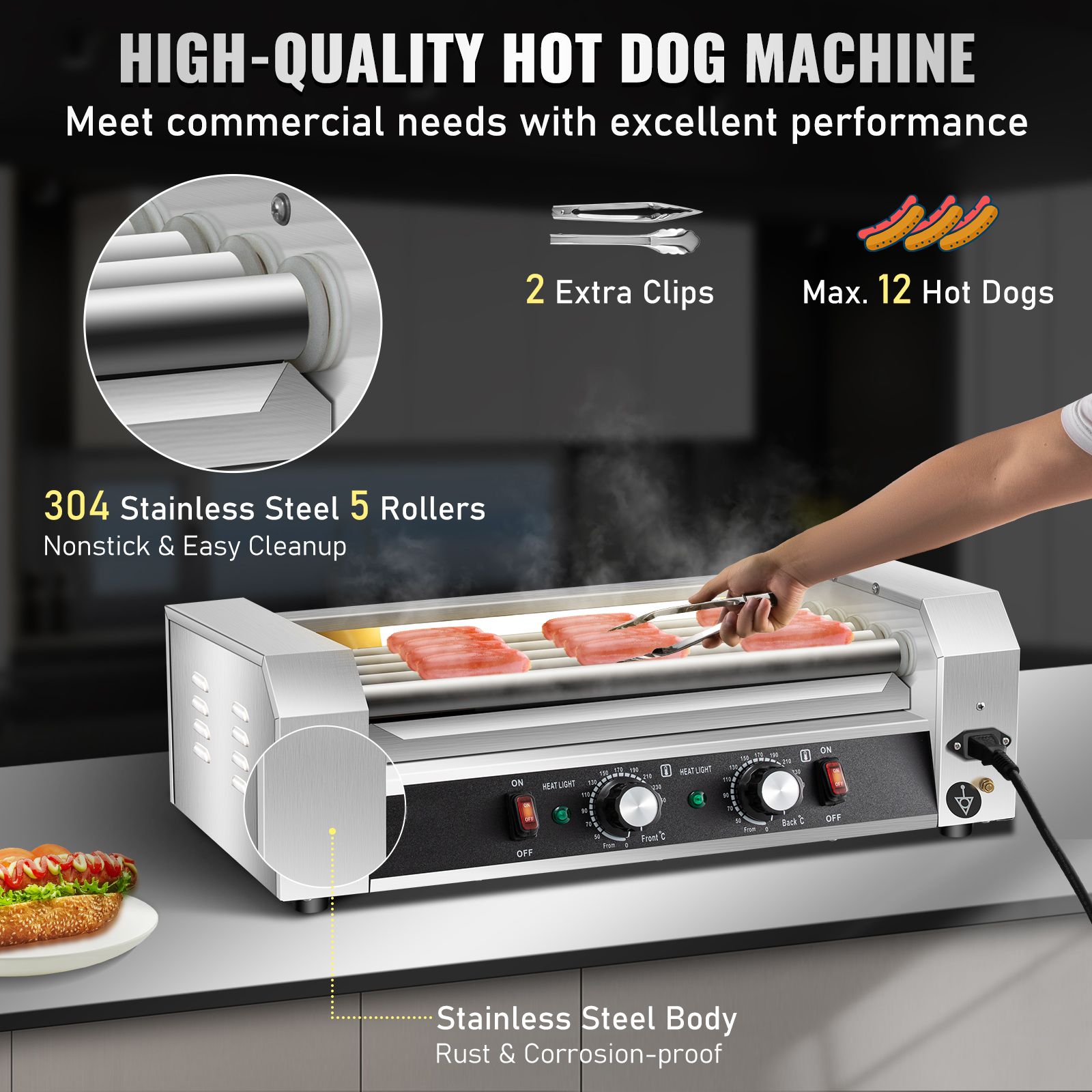 Uimoso Electric Hot Dog 5/7/11 Roller Grill Cooker Machine Backsplash & Shelf - Picture 27 of 72