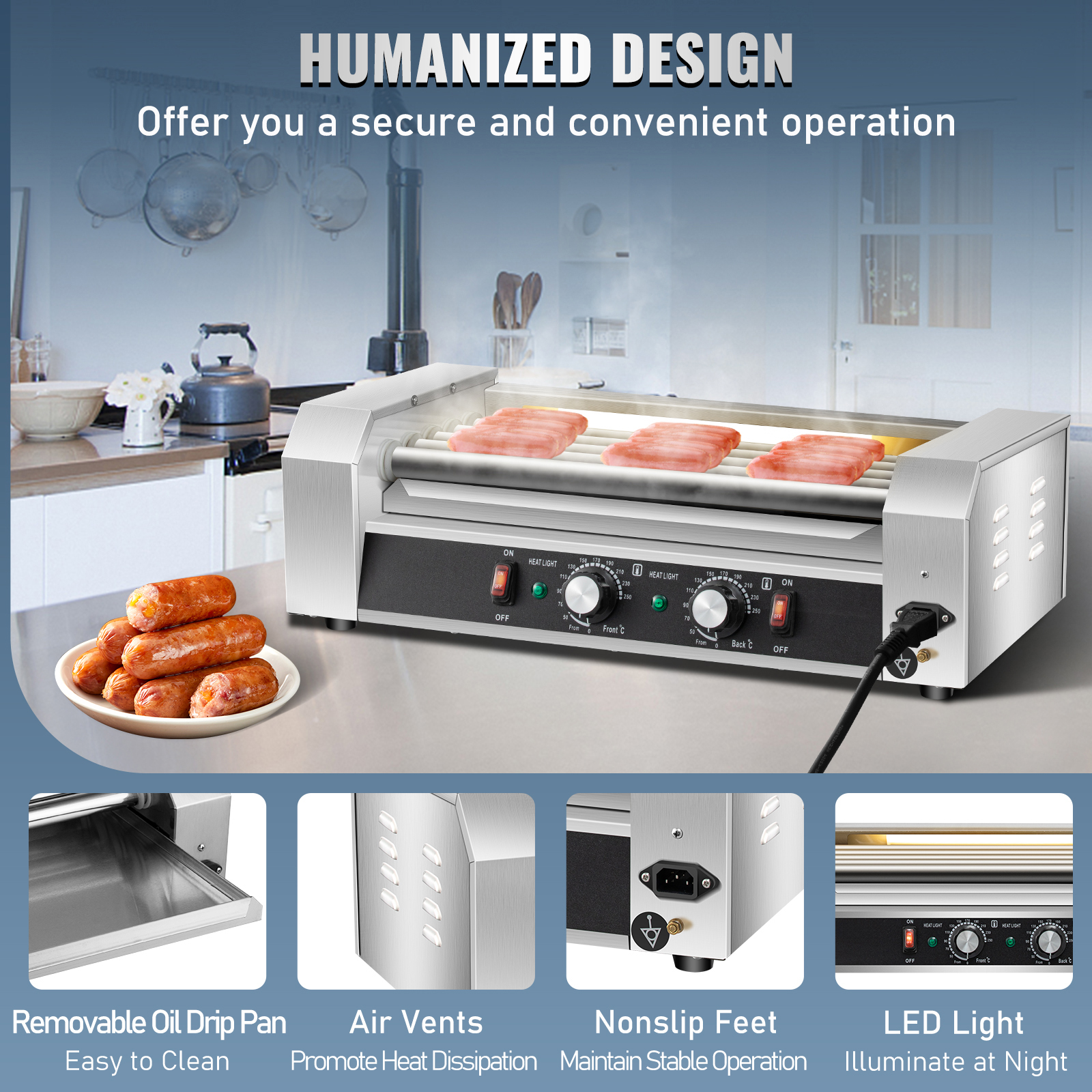 Uimoso Electric Hot Dog 5/7/11 Roller Grill Cooker Machine Backsplash & Shelf - Picture 30 of 72