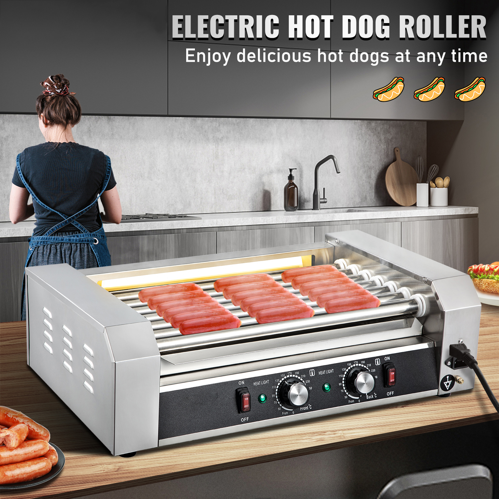Uimoso Electric Hot Dog 5/7/11 Roller Grill Cooker Machine Backsplash & Shelf - Picture 14 of 72