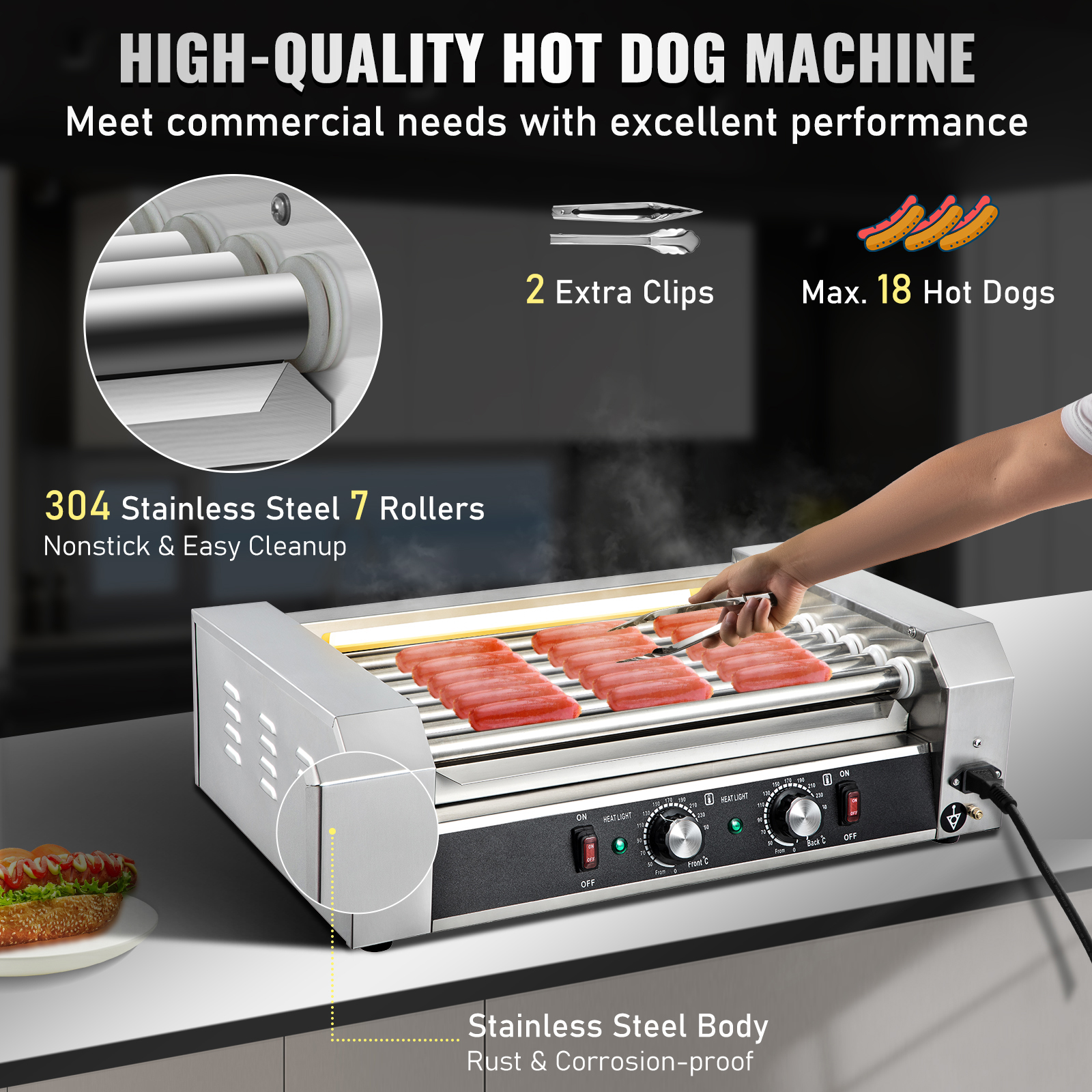 Uimoso Electric Hot Dog 5/7/11 Roller Grill Cooker Machine Backsplash & Shelf - Picture 15 of 72