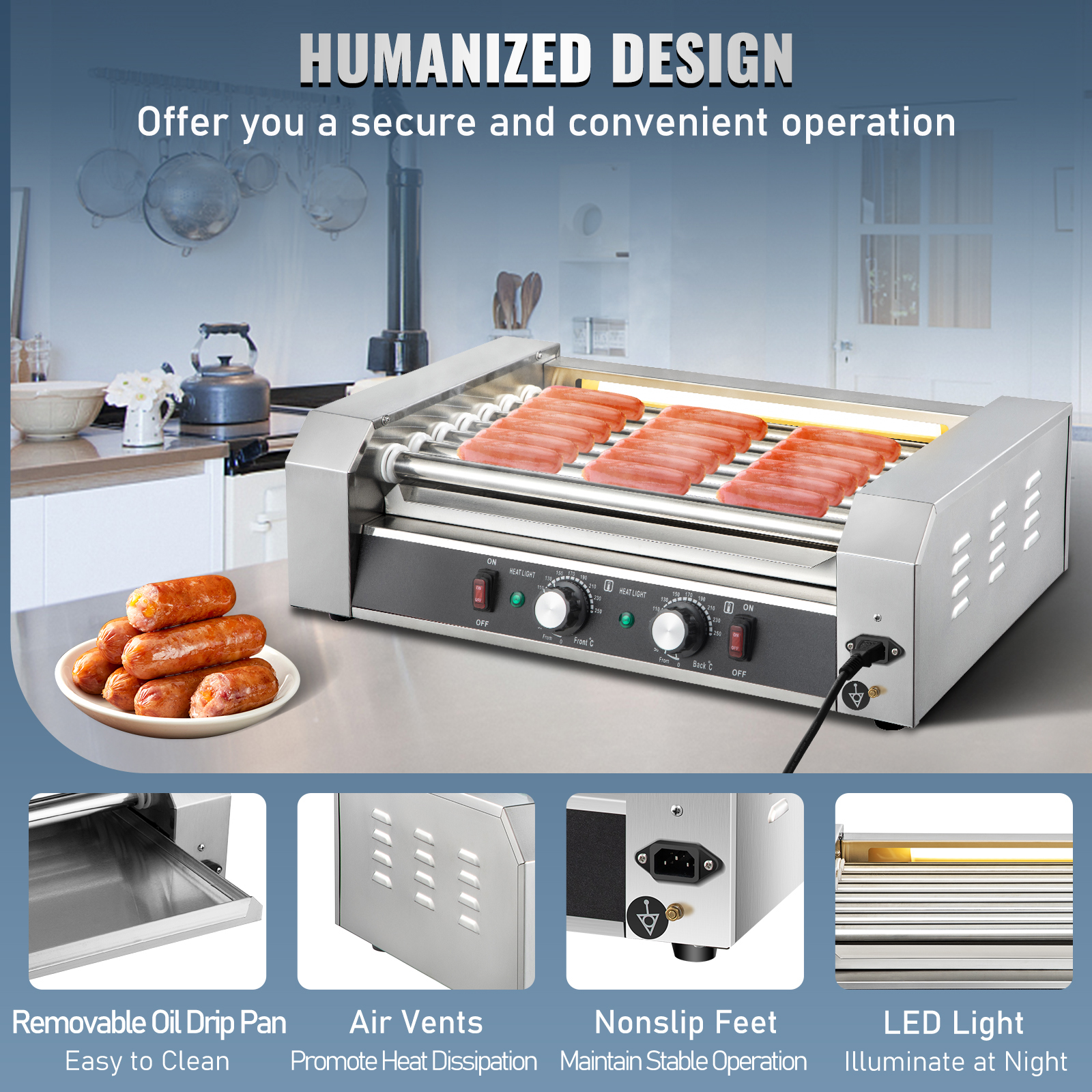 Uimoso Electric Hot Dog 5/7/11 Roller Grill Cooker Machine Backsplash & Shelf - Picture 18 of 72