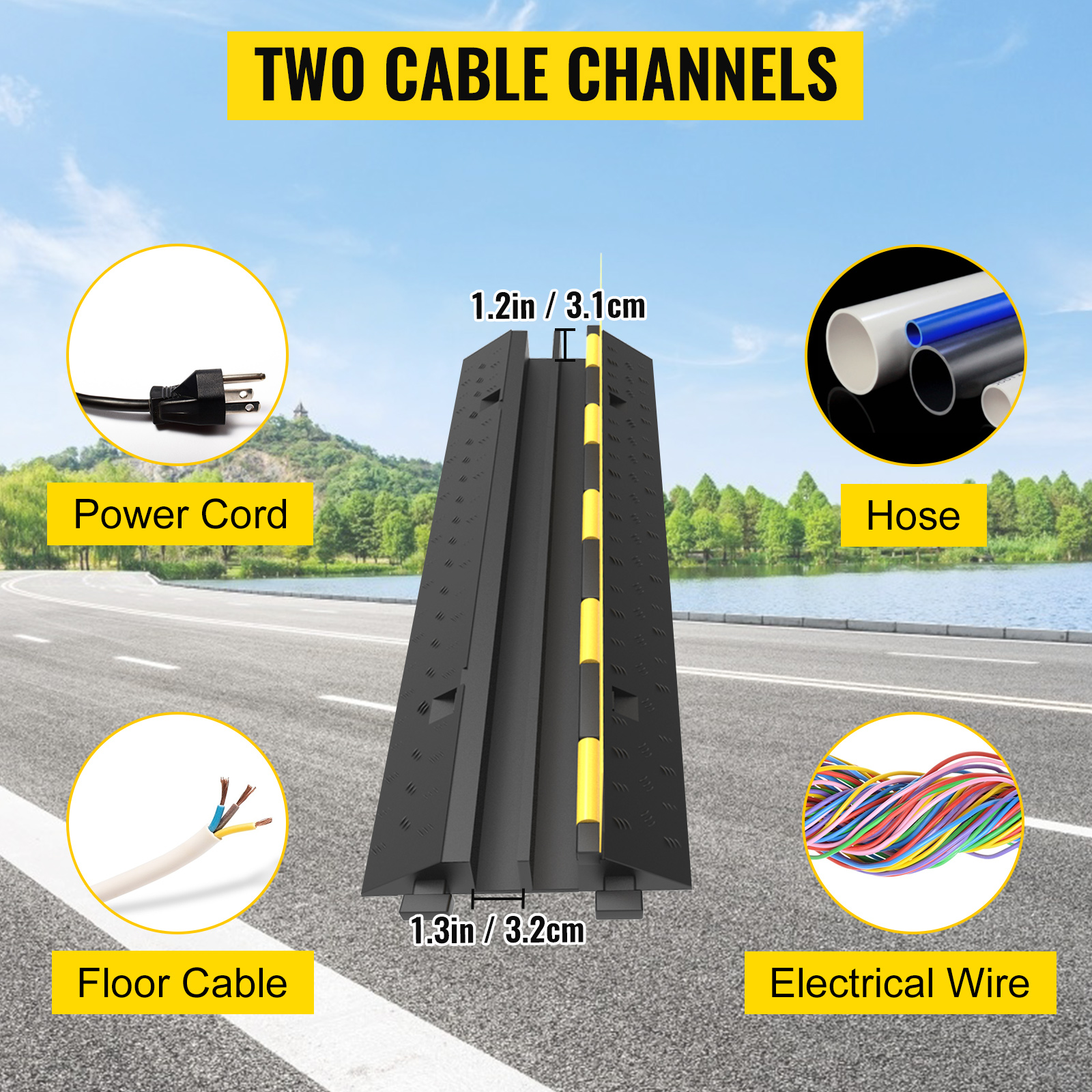 VEVOR VEVOR Passacavo per Pavimento di Cavi Elettrici in Gomma 2 Canali  Nero Giallo 101x24,5x5 cm, Canalina 2 Pezzi per Pavimento a Traffico  Pedestre Materiale in Gomma PVC Protezione di Cavi Capacità