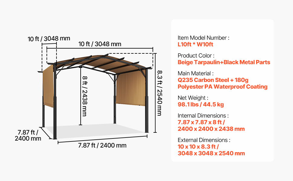 VEVOR 10'x10' Outdoor Retractable Pergola With Canopy, Aluminum Pergola