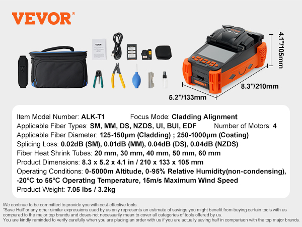 VEVOR Fiber Fusion Splicer 4 Motors, Core Alignment Fiber Optic Fusion Splicer Kit with 4" Digital LCD Screen, 3 in 1 Optical Fiber Holder, Auto Focus Optical Fiber Cleaver Kit 9s Splicing 12s Heating