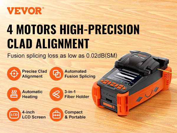 VEVOR Fiber Fusion Splicer 4 Motors, Clad Alignment Fiber Optic
