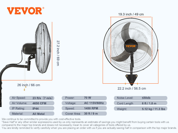VEVOR Wall Mount Fan, 20 Inch, 3-speed High Velocity Max. 4650 CFM ...