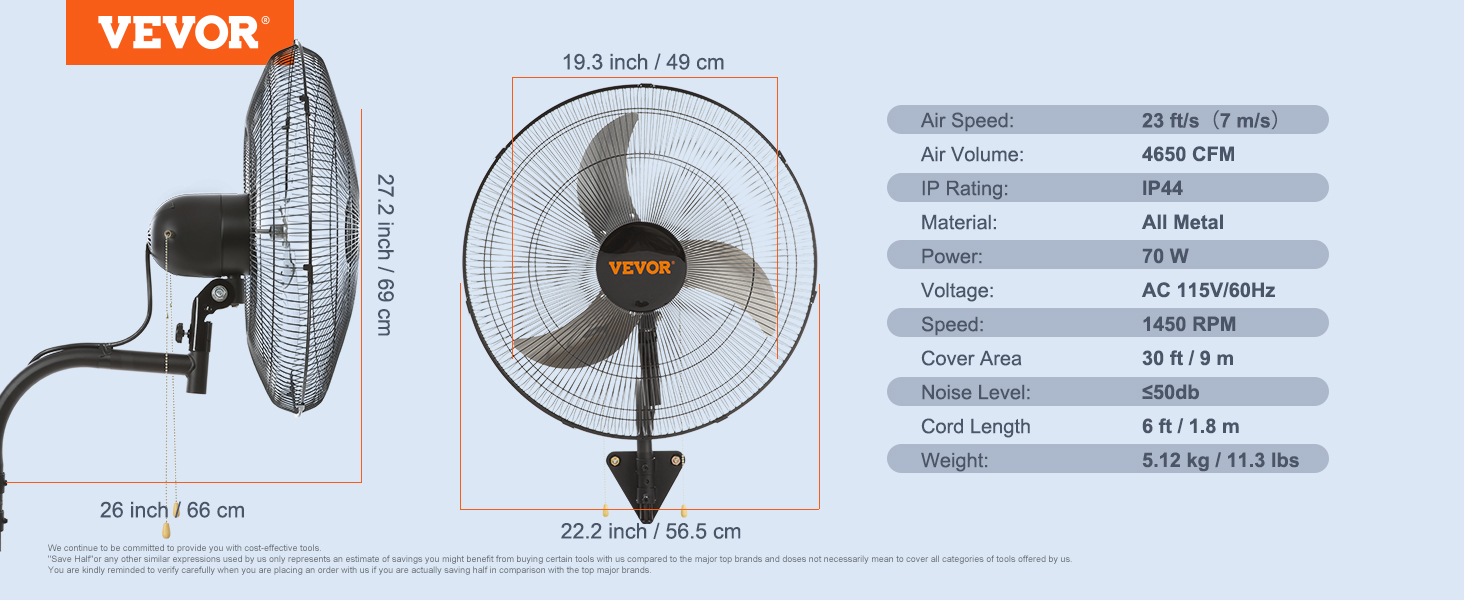 VEVOR Wall Mount Fan, 20 Inch, 3-speed High Velocity Max. 4650 CFM ...