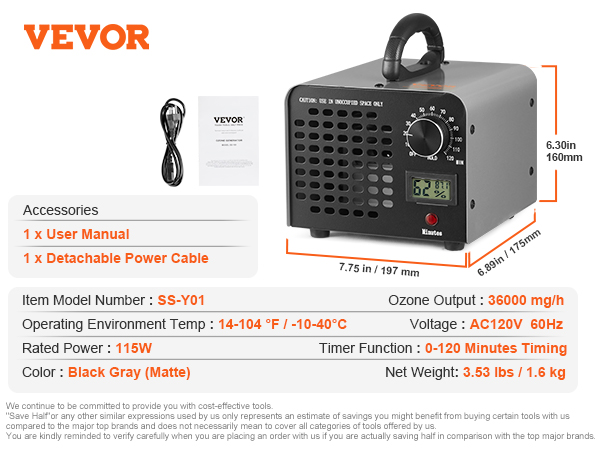 VEVOR VEVOR Generatore di Ozono Purificatore d'Aria 24000 mg/h Generatore  Ozono per Sanificare Aria Commerciale Industriale 100W Grande Capacità  0-120 Min. Timer Regolabile, Generatore Ozono Uso Commerciale