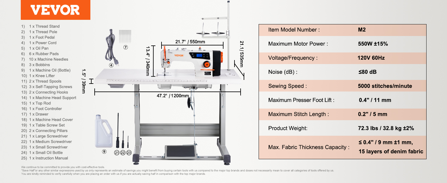 Máquina de coser industrial, máquina de coser de tapicería de 550 W con  motor y soporte de mesa, máquina de coser comercial para ropa