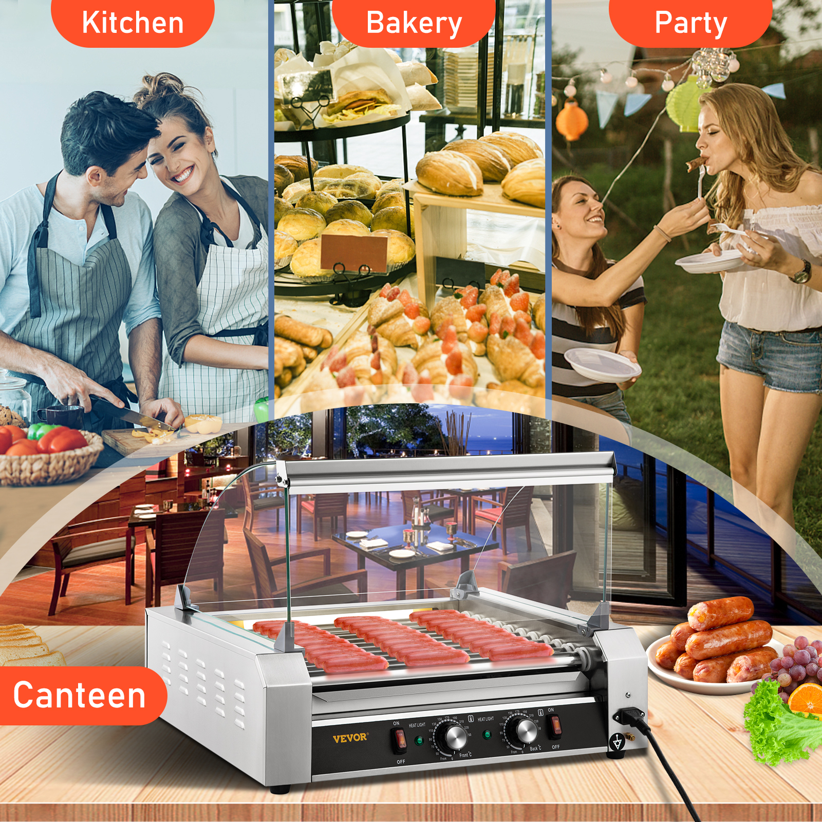1000W Hot Dog Roller Machine,Dual Temp Control Commercial Grill Cooker  Machine with Removable Stainless Steel Drip Tray and Cover, 12 Hot Dog 5