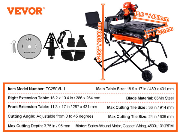 VEVOR Wet Tile Saw with Stand, 10-inch 65Mn Steel Blade, 4500 RPM Motor,  Tile Cutter