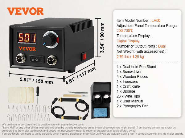 VEVOR Wood Burning Kit, 200~700°C Adjustable Temperature with Display, Dual  Output Port with 2 Pyrography Pens, 23 Wire Nibs, 1 Pen Holder, 4 Wood
