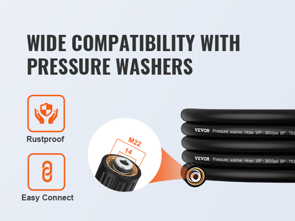 VEVOR 100FT Pressure Washer Hose 4200 PSI - 1/4 Inch Kink Free M22-14mm Brass Connector