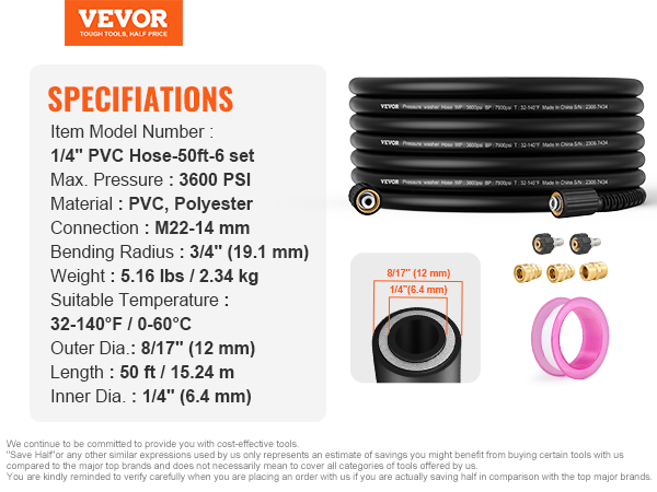 VEVOR Pressure Washer Hose, 100FT, 1/4 Kink Free M22-14mm Brass