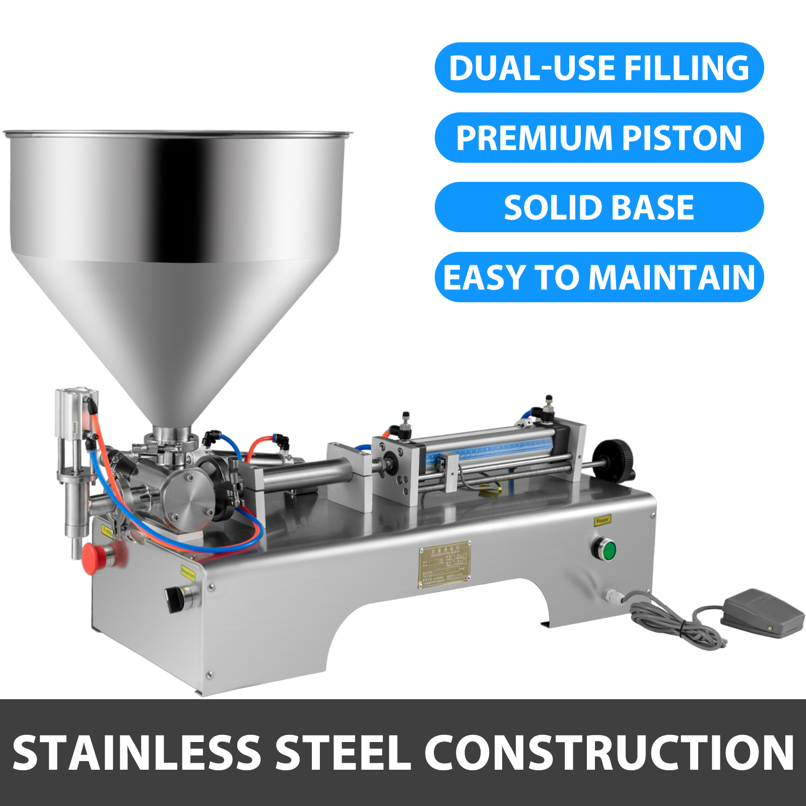 VEVOR Horizontal Pneumatic Liquid Filling Machine 10-300ML, Paste Liquid Filling Machine with 30L Hopper, Pneumatic Dual-use Paste Filling Machine for Cream Shampoo Liquids