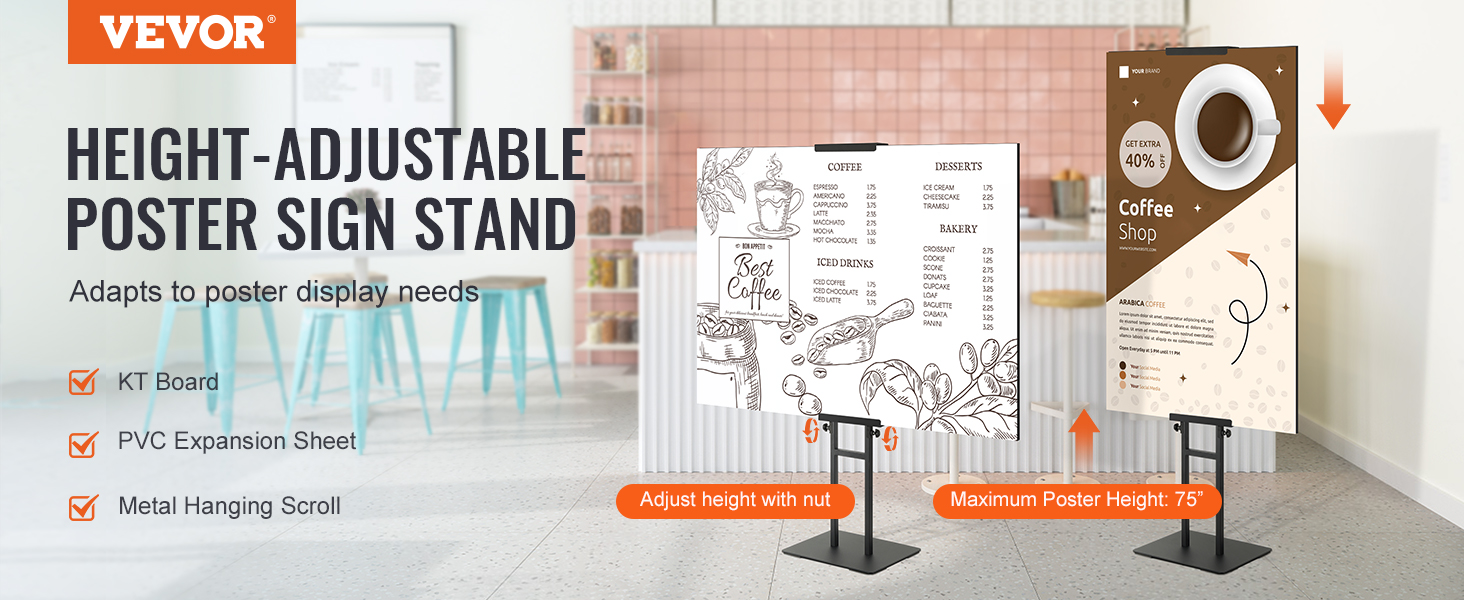 VEVOR Poster Stand, Adjustable Height Up to 75", Double-Sided Heavy Duty Pedestal Sign Holder, Floor Standing Sign Holder Banner Stand with Shock-absorbing Base for Display, for Board and Foam, Black