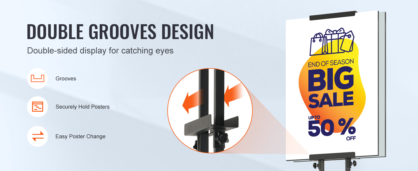 VEVOR Poster Stand, Adjustable Height Up to 75", Double-Sided Heavy Duty Pedestal Sign Holder, Floor Standing Sign Holder Banner Stand with Shock-absorbing Base for Display, for Board and Foam, Black