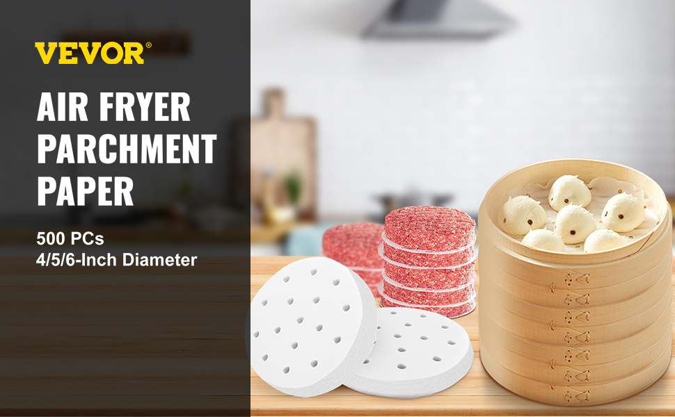 VEVOR Steam Paper Liners, 500PCs Air Fryer Parchment Paper, 4-Inch Air  Fryer Sheets, Round Perforated Parchment Paper, Non-Stick Hamburger Patty  Paper, Bamboo Steamer Liners for Baking Steaming Basket