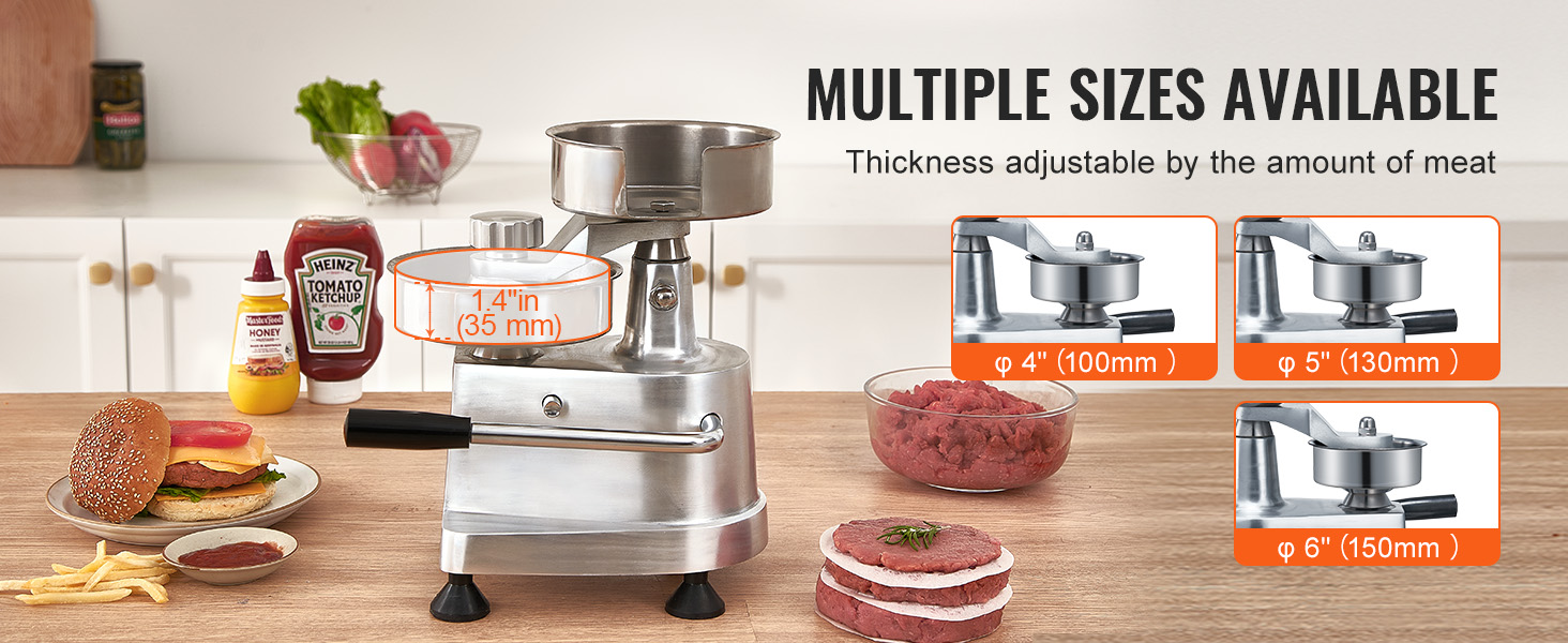 VEVOR burger patty maker with thickness adjustment and options for different patty sizes on the kitchen counter.
