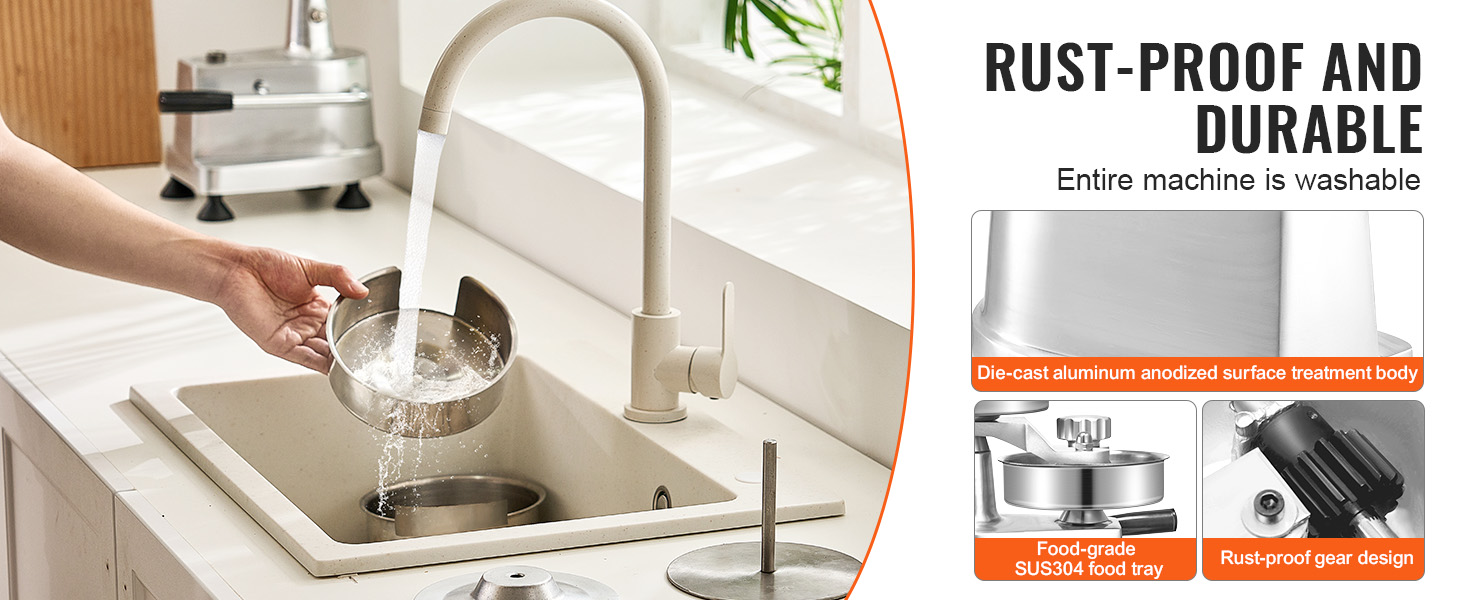 Wash the parts of VEVOR burger patty maker in a sink; rust-proof, durable and fully washable.