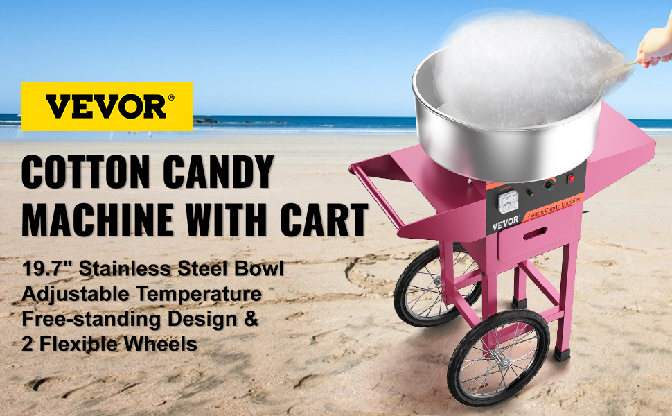 cotton candy machine with cart, pink, 20 inch