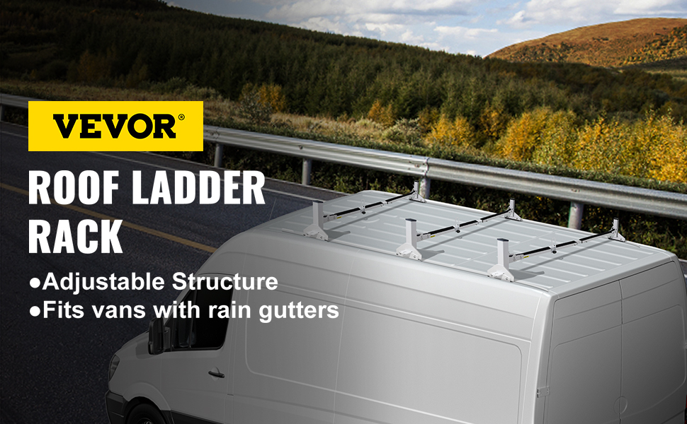 VEVOR Van Roof Ladder Rack, 3 Bars, 661 LBS Capacity, 46.9"-59.1" Adjustable Middle Bar Steel Roof Racks, Rain-Gutter Mount Racks Fit Most Van Rails, Universal Design, White