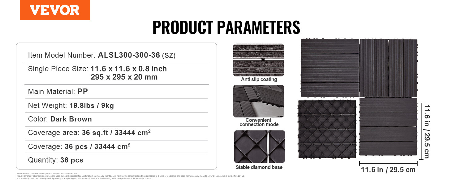 Interlocking Deck Tiles,36 Pack,Dark Brown