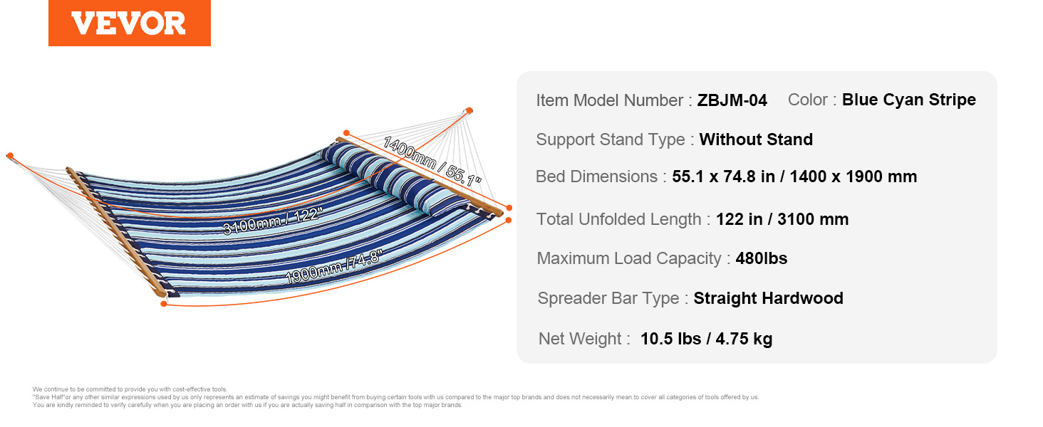 VEVOR Dvojitá prošívaná látková houpací síť, 12 FT dvojitá houpací síť s rozpěrnými tyčemi z tvrdého dřeva, prošívaná houpací síť pro 2 osoby s odnímatelným polštářem a řetězy pro kempování na venkovní terase Yard Beach, kapacita 480 lb