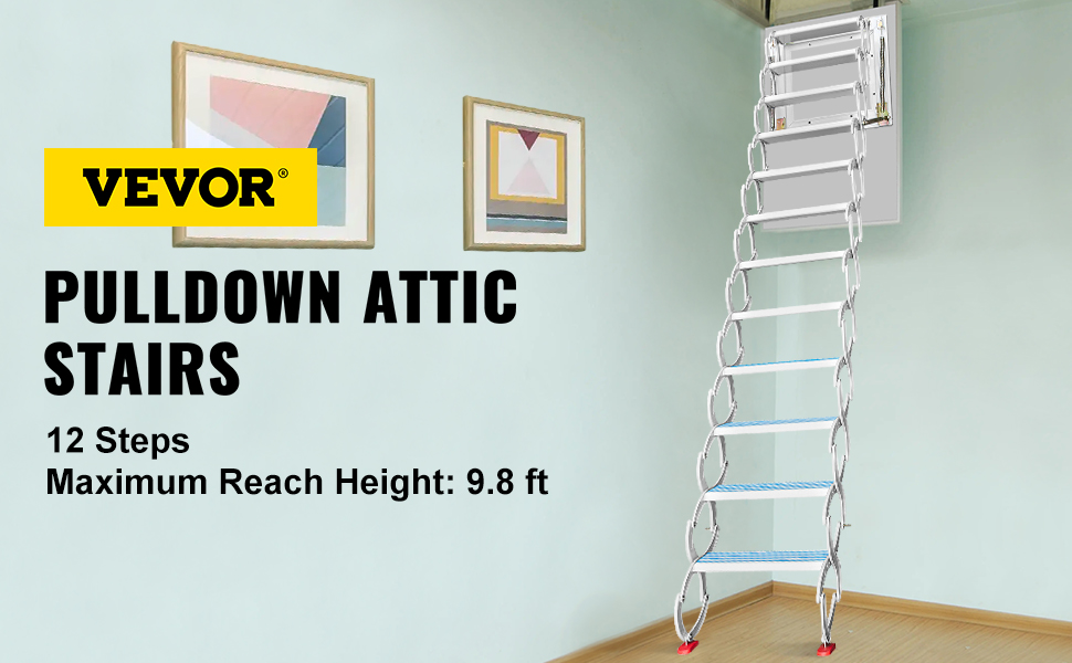 VEVOR Attic Steps Pull Down 12 Steps Attic Stairs Alloy Attic Access Ladder,  White Pulldown Attic Stairs, Wall-mounted Folding Stairs for Attic,  Retractable Attic Ladder with Armrests, 9.8 feet Height