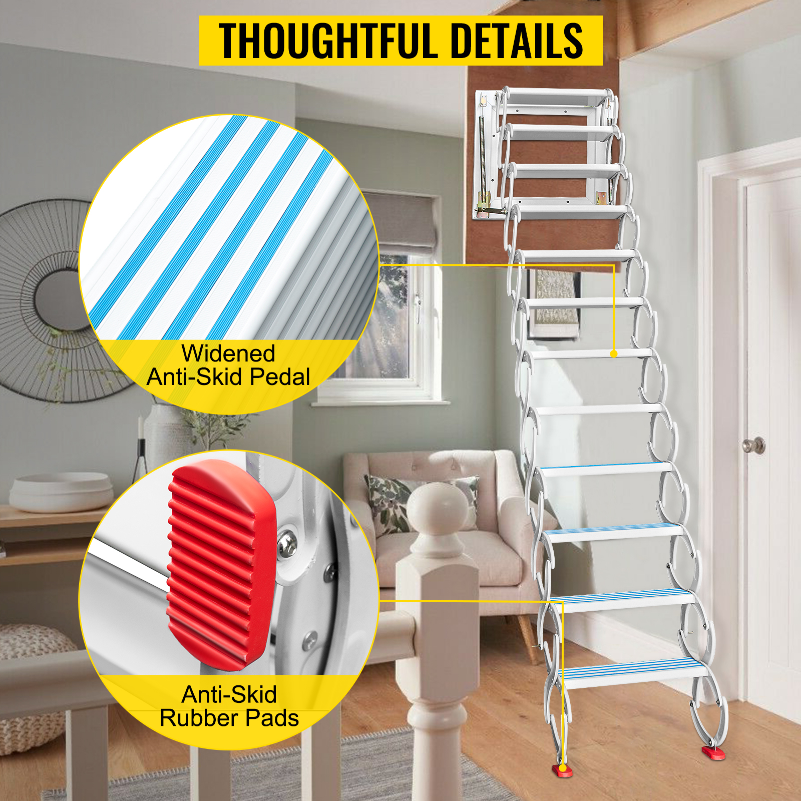 VEVOR Attic Steps Pull Down 12 Steps Attic Stairs Alloy Attic Access Ladder,  White Pulldown Attic Stairs, Wall-mounted Folding Stairs for Attic,  Retractable Attic Ladder with Armrests, 9.8 feet Height